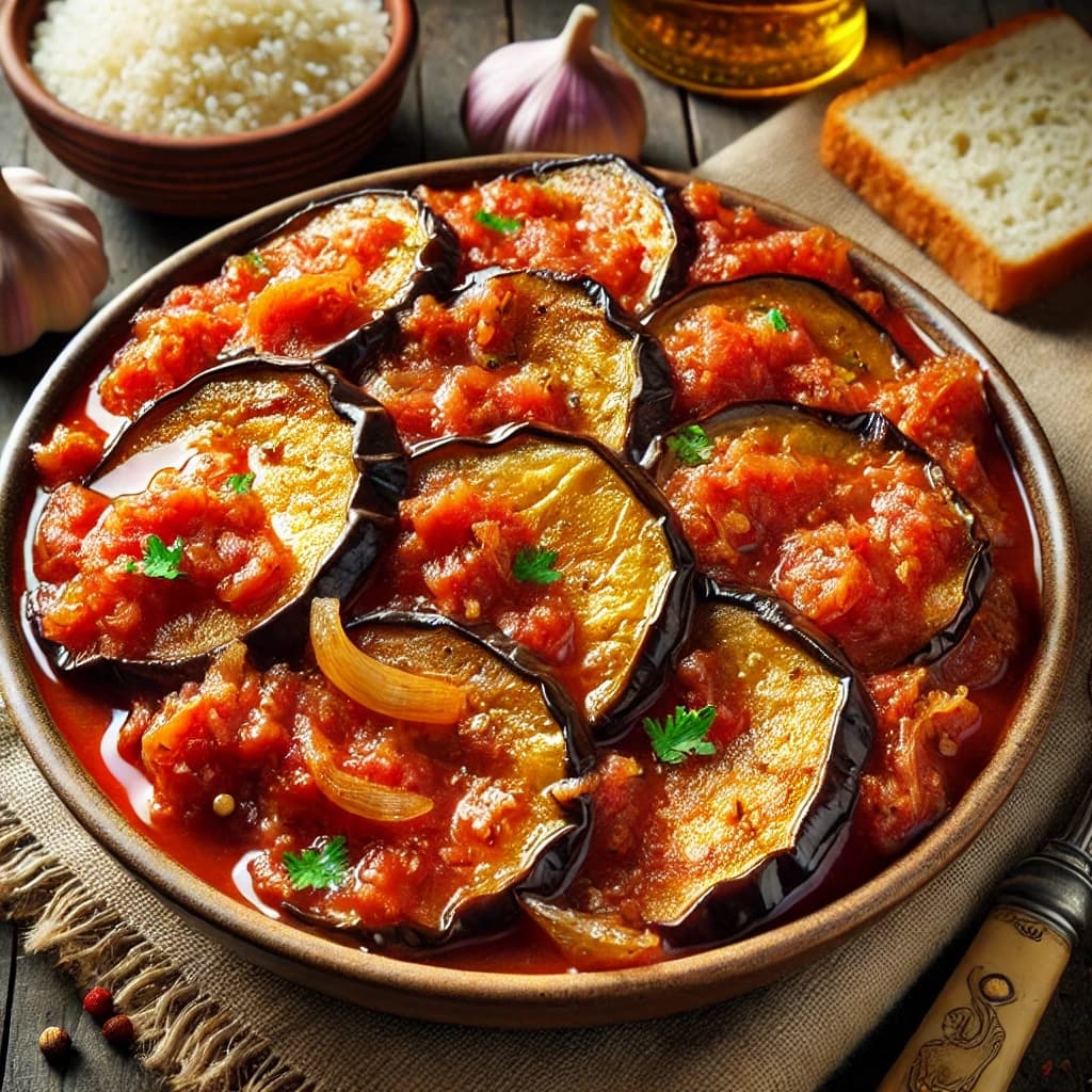 باذنجان مقلي بالصلصة بشرائح باذنجان ذهبية مغمورة في صلصة طماطم متبلة ومقدمة بشكل منزلي شهي