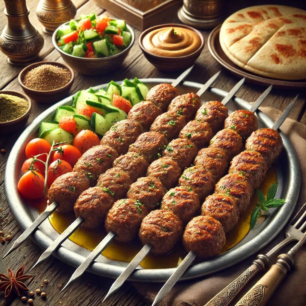 كفتة مشوية مصرية محضرة من اللحم المفروم والمتبل ومشوية على الفحم ومقدمة مع الطحينة والسلطات بشكل منزلي شهي