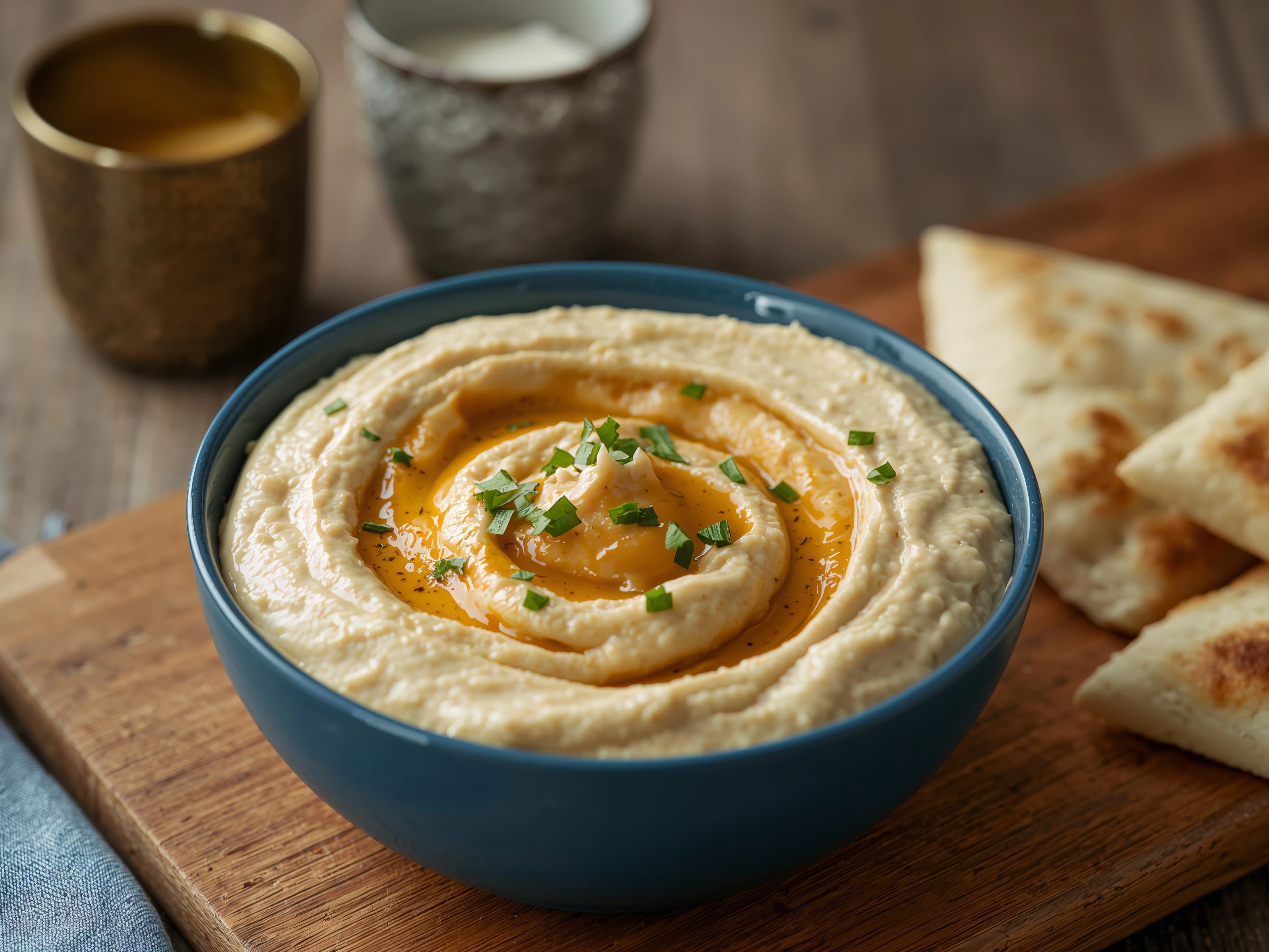 حمص بالطحينة كريمي ناعم محضر من الحمص المسلوق والطحينة وعصير الليمون ومزين بزيت الزيتون والبابريكا ويقدم بطريقة منزلية