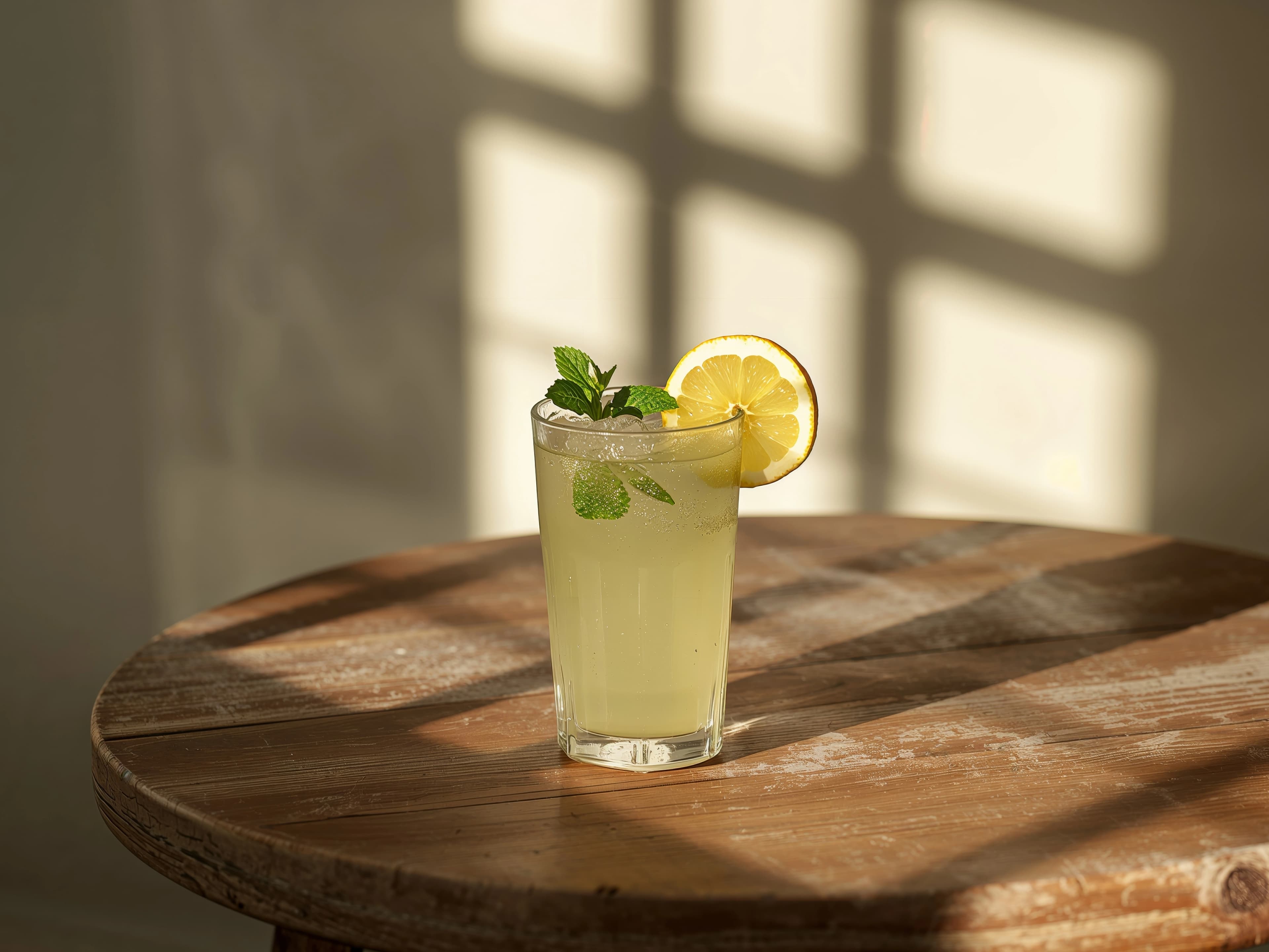 مشروب ليمون بالنعناع منعش مع مكعبات ثلج وأوراق نعناع طازجة