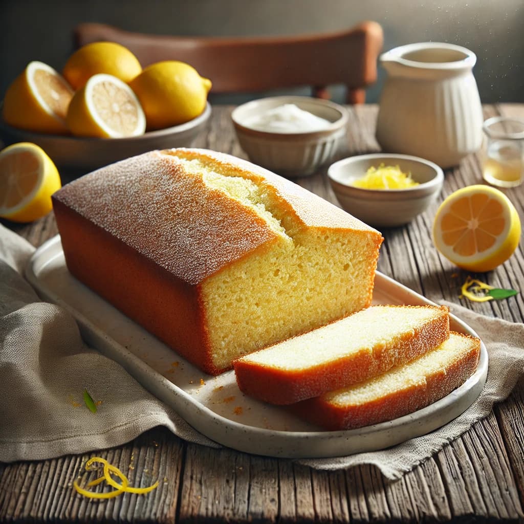 كيكة ليمون هشة مع رشة سكر بودرة على الوجه وزينة شرائح ليمون