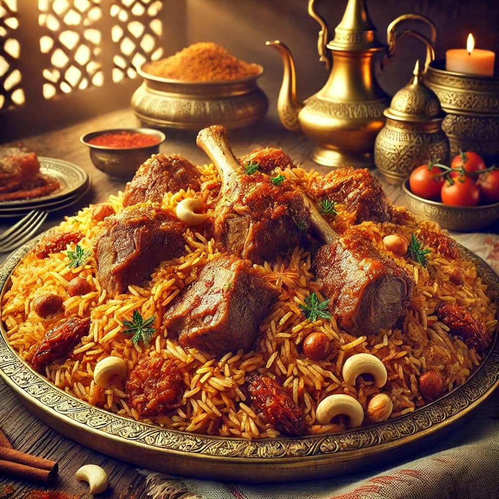 كبسة لحم سعودية تقليدية بالأرز البسمتي واللحم المطهو ببهارات خليجية ومقدمة بشكل فاخر وشهي