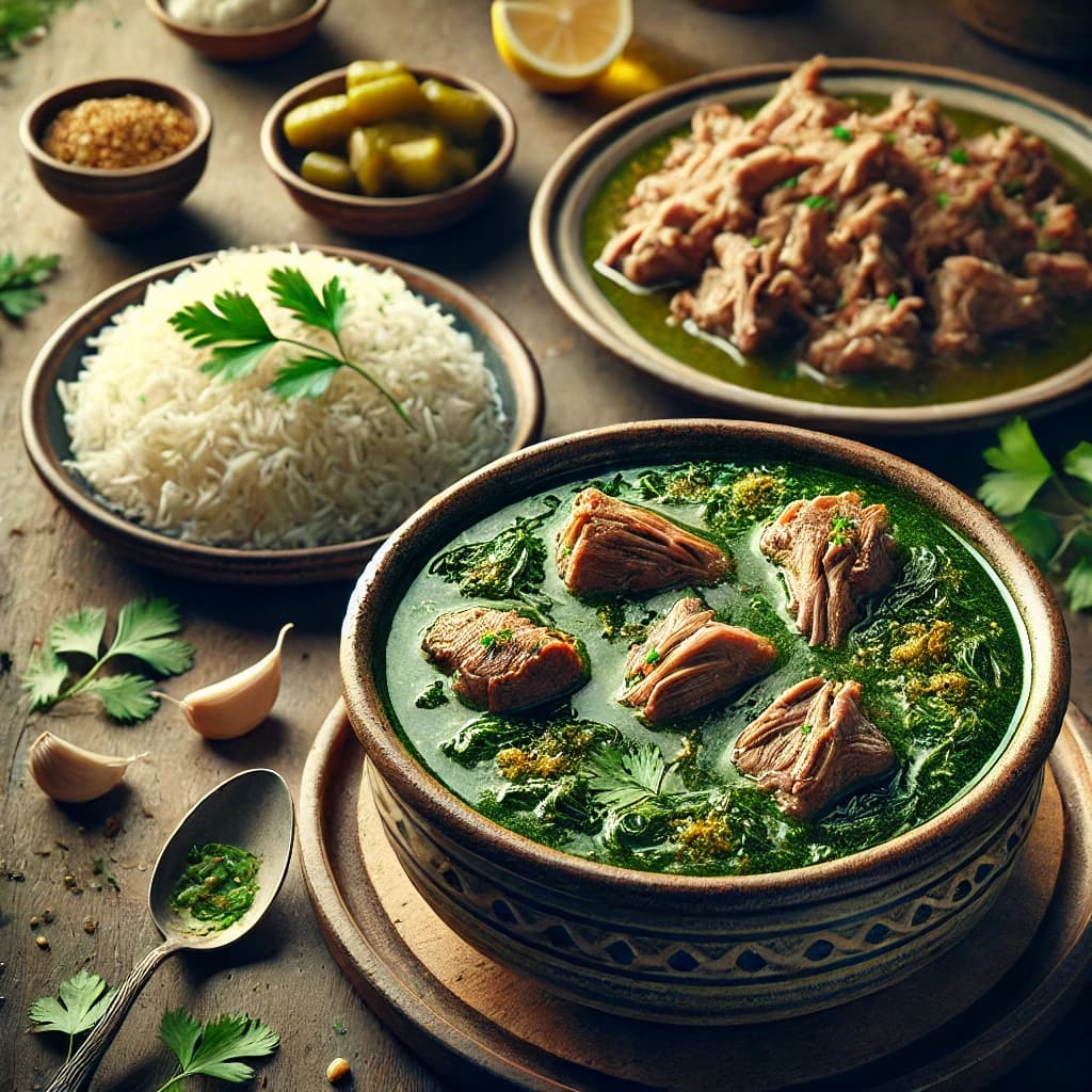 ملوخية بالأرانب طبق مصري تقليدي يُقدَّم مع الأرز الأبيض ويتميز بقوام حريري ونكهة غنية