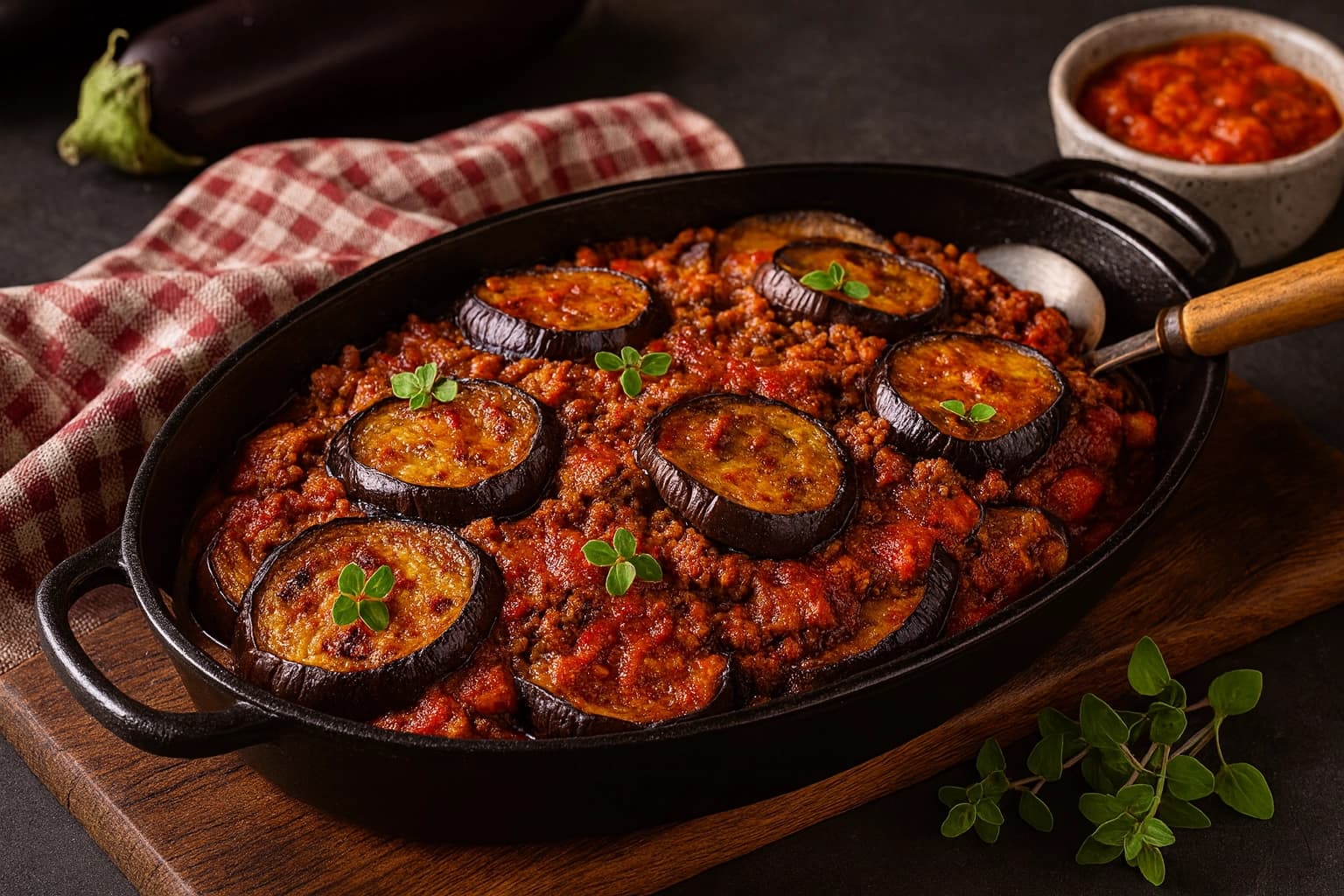 مسقعة باللحمة المفرومة مع الباذنجان الذهبي