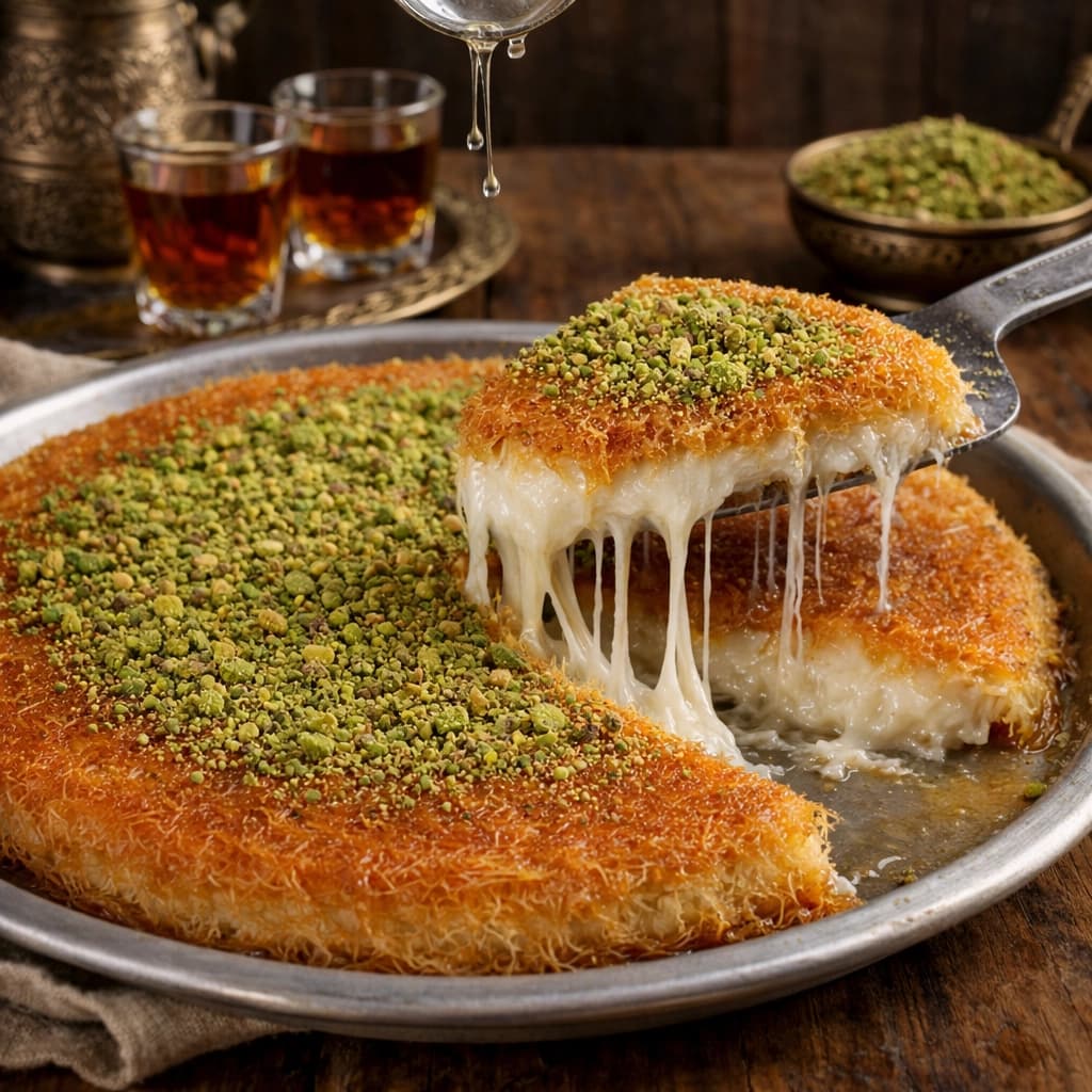 كنافة نابلسية تقليدية محشوة بالجبن الذائب ومغطاة بالفستق الحلبي ومقدمة ساخنة على الطريقة الفلسطينية