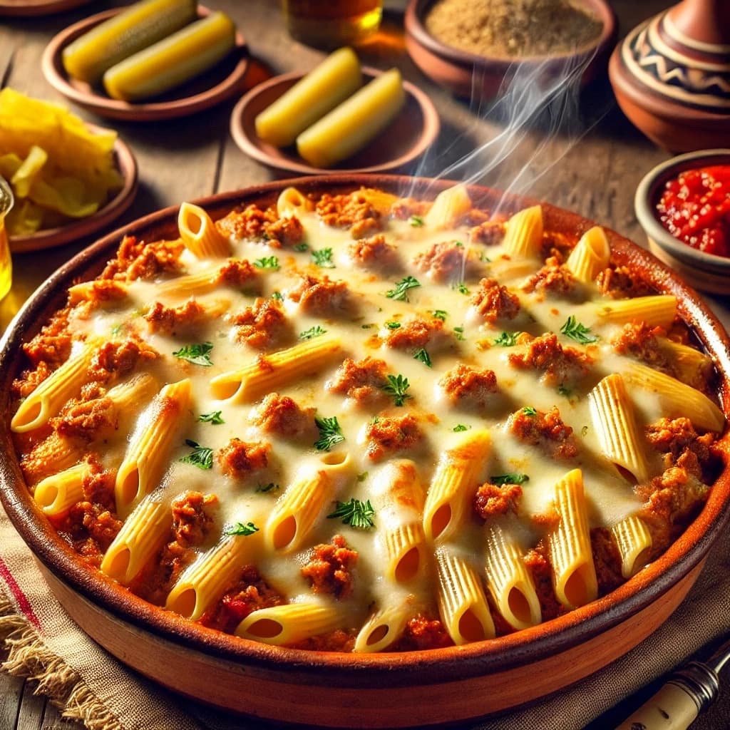 طاجن مكرونة باللحمة المفرومة بالصلصة الحمراء والجبن الذائب مطهي في الفرن داخل طاجن فخار بطريقة منزلية شهية