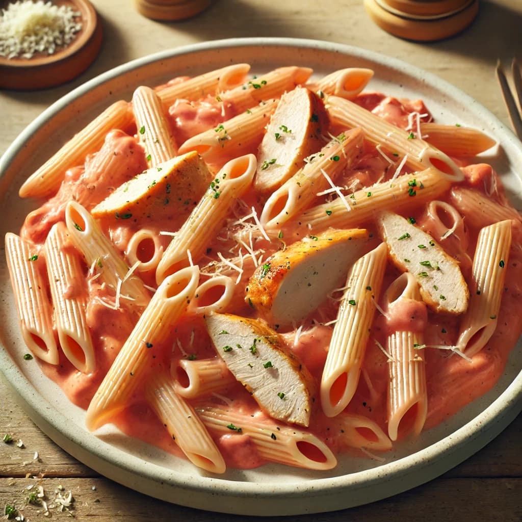 طبق بينك باستا بالدجاج مع صوص كريمي وردي وجبنة بارميزان مبشورة على الوجه