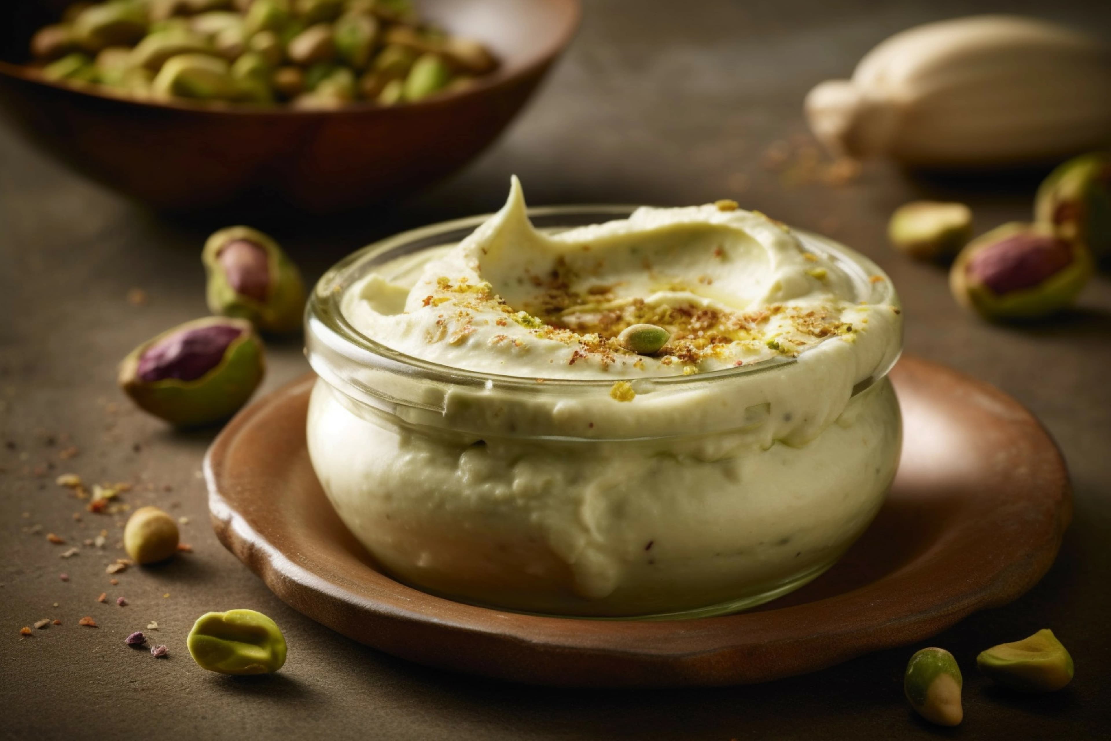 مهلبية بالفستق ناعمة بقوام كريمي ومزينة بالفستق الحلبي المطحون ومقدمة في كاسات بشكل منزلي شهي