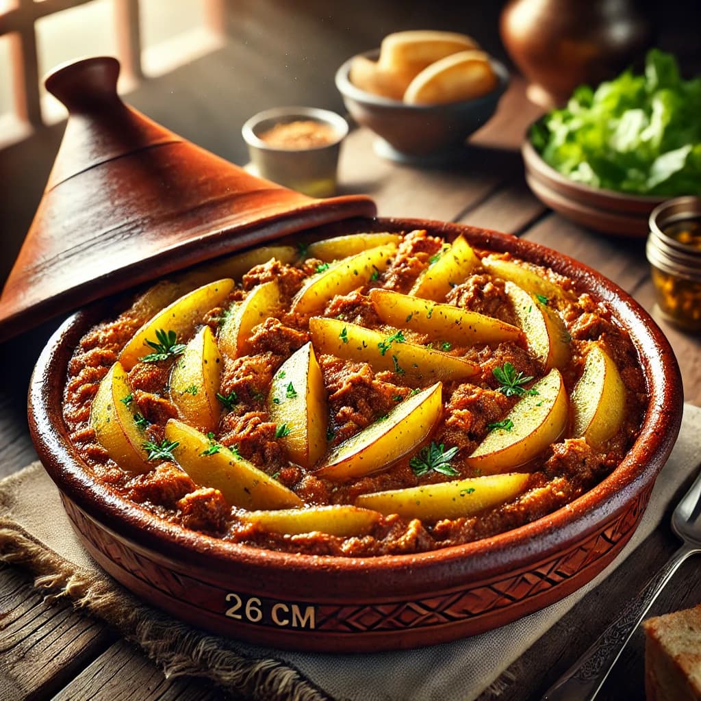 طاجن بطاطس باللحم المفروم مع صلصة طماطم متسبكة ووجه محمّر في طاجن فخار