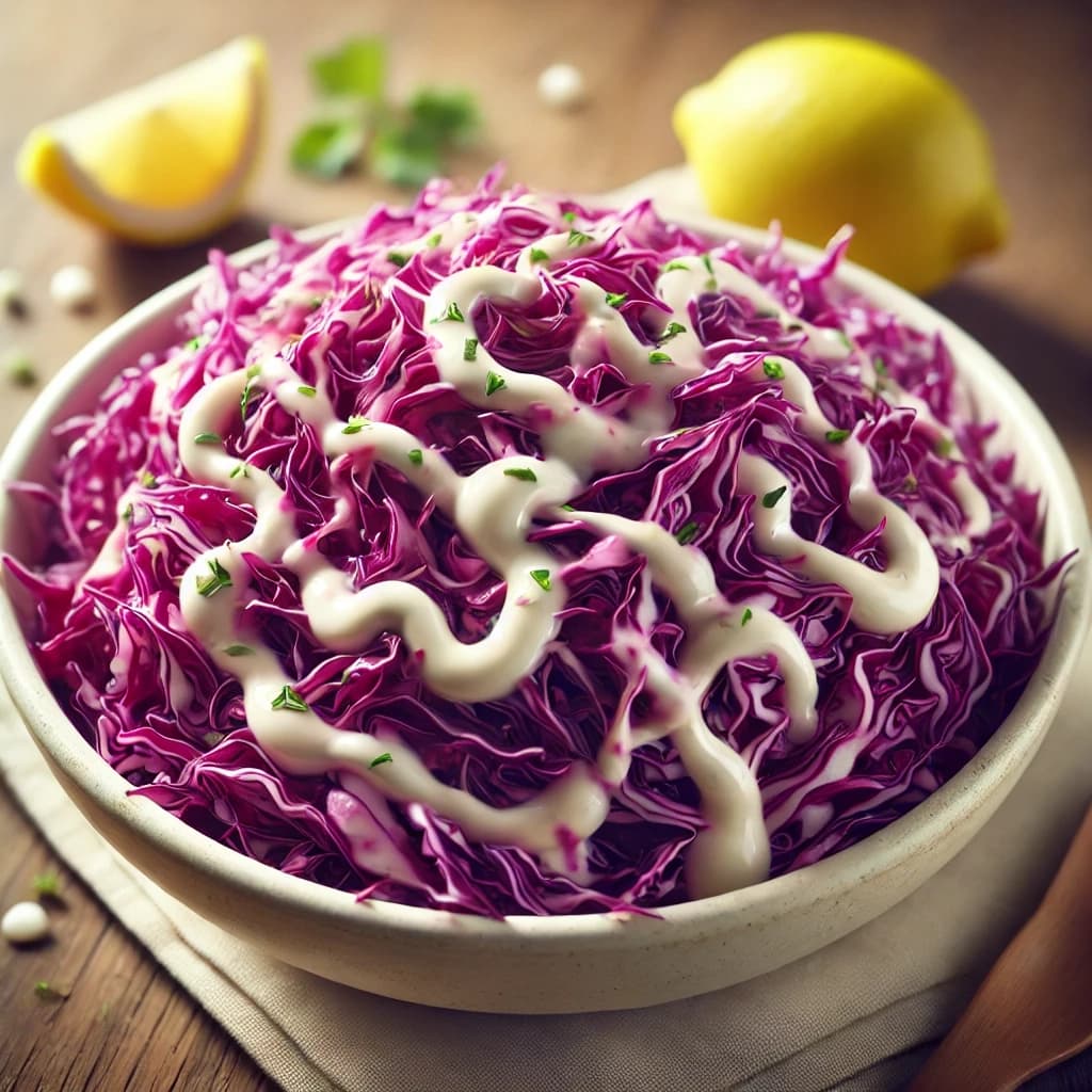 سلطة الملفوف الأحمر بالمايونيز والليمون في طبق تقديم مزين بالبقدونس والخضار الطازجة