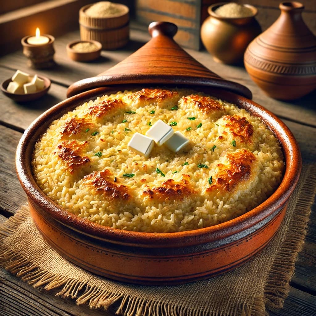 طاجن أرز معمر مصري مطهو بالحليب والقشطة والزبدة داخل طاجن فخاري حتى يصبح كريميًا بوجه ذهبي شهي