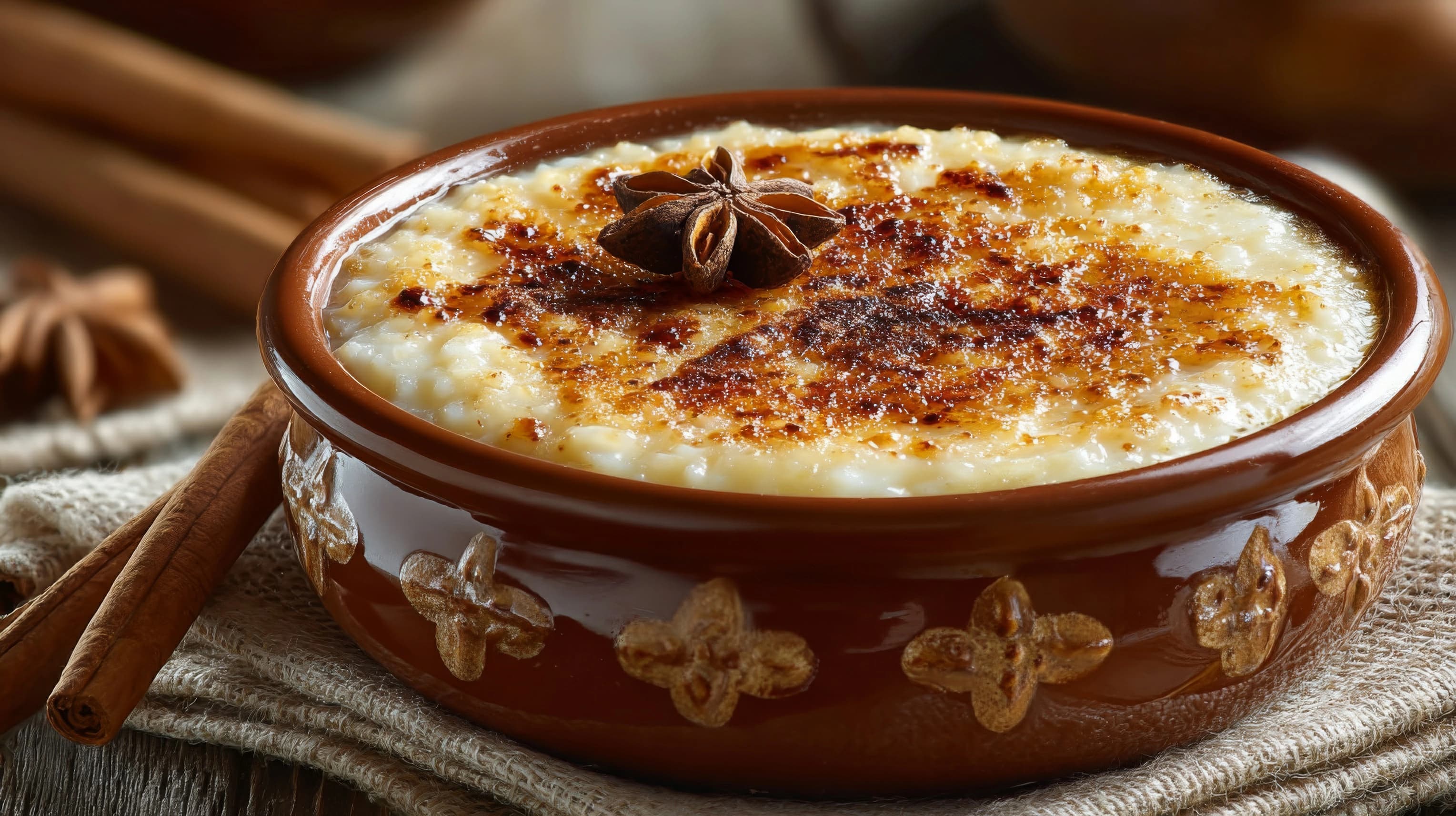 أرز باللبن مصري بقوام كريمي ناعم مطهو بالحليب والسكر ومزين بالقرفة أو المكسرات ومقدم بشكل منزلي شهي