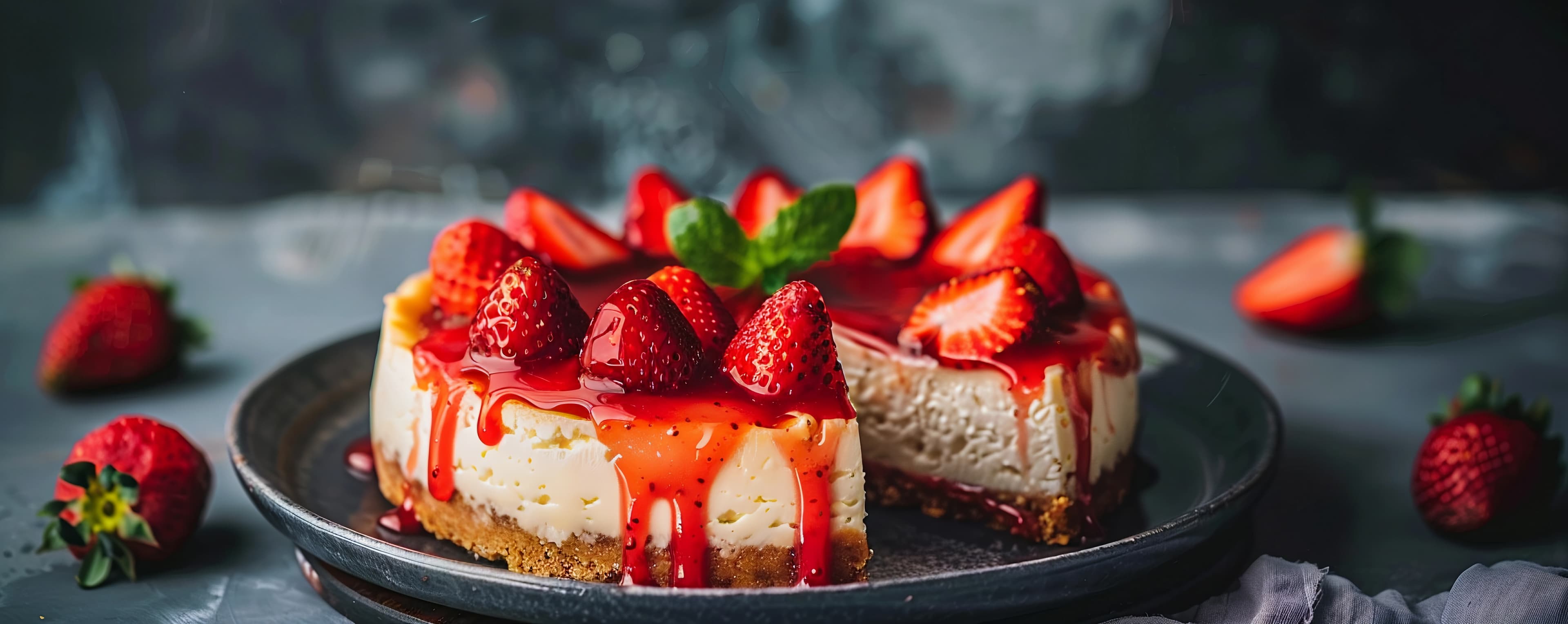 تشيز كيك فراولة بقوام كريمي ناعم مع طبقة فراولة لامعة ومنعشة مقدمة بطريقة أنيقة