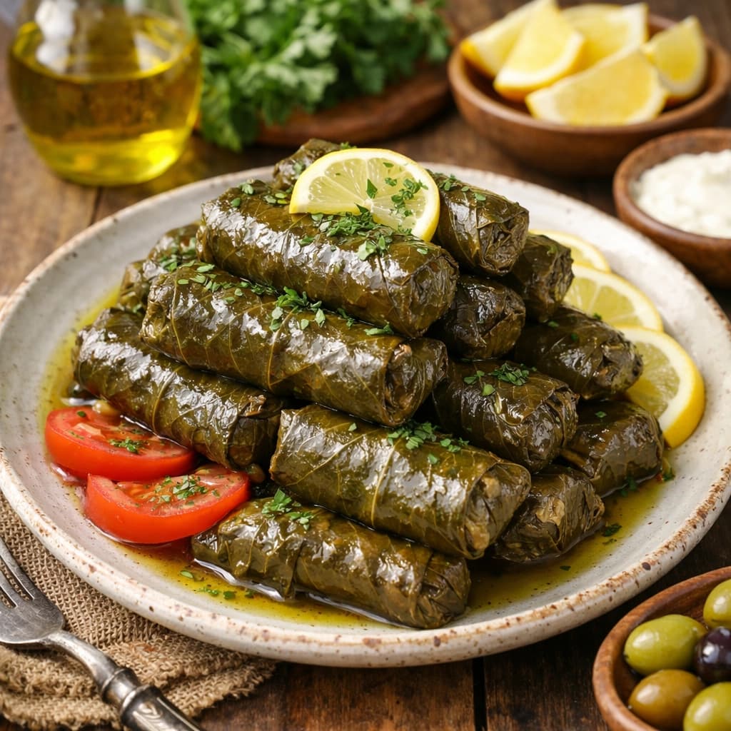 ورق عنب بالزيت محشي بالأرز والأعشاب الطازجة ومطهو بزيت الزيتون على الطريقة الشامية ويُقدَّم بشكل منزلي شهي