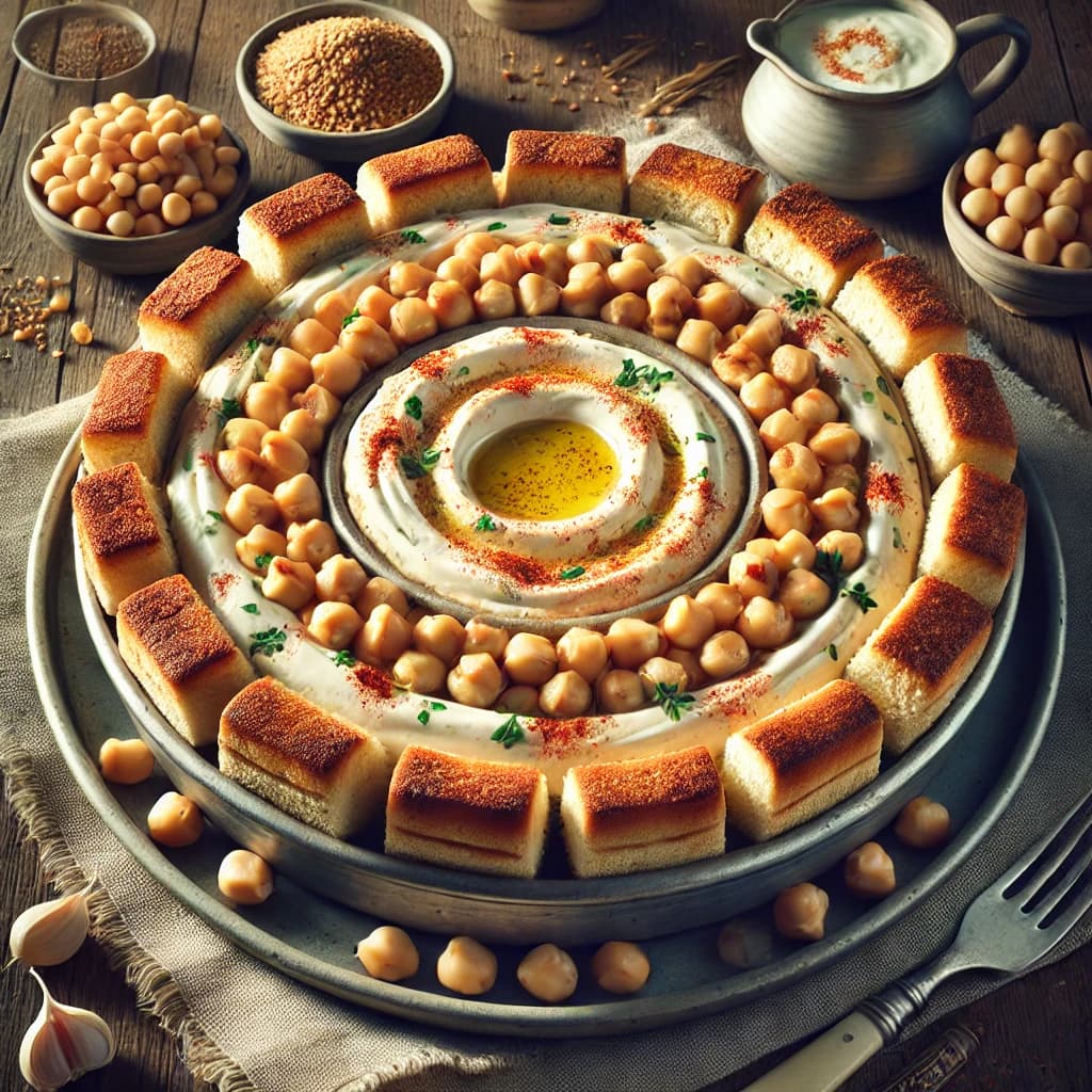 فتة حمص شامية في صحن كبير مع طبقات الخبز والحمص والزبادي