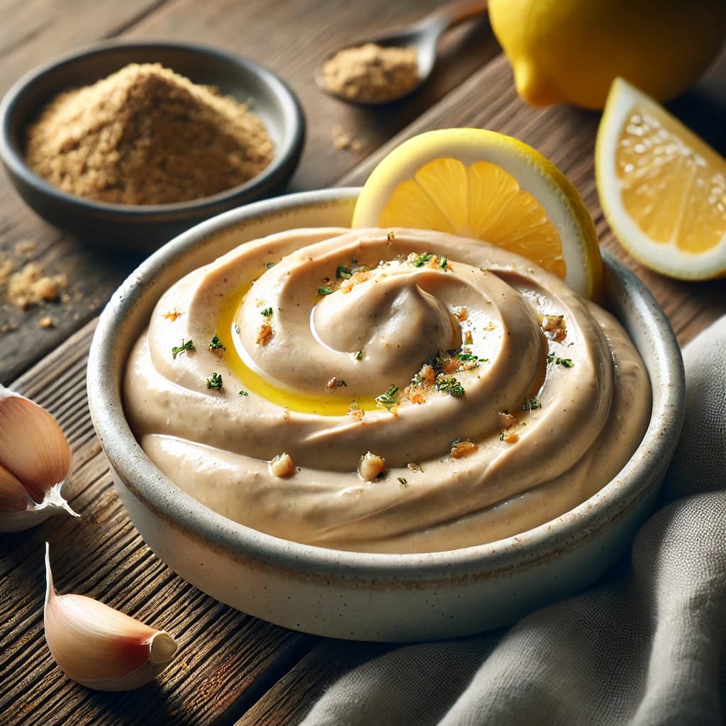 سلطة طحينة بالمستكة والليمون في طبق أبيض مع لمسة زيت زيتون