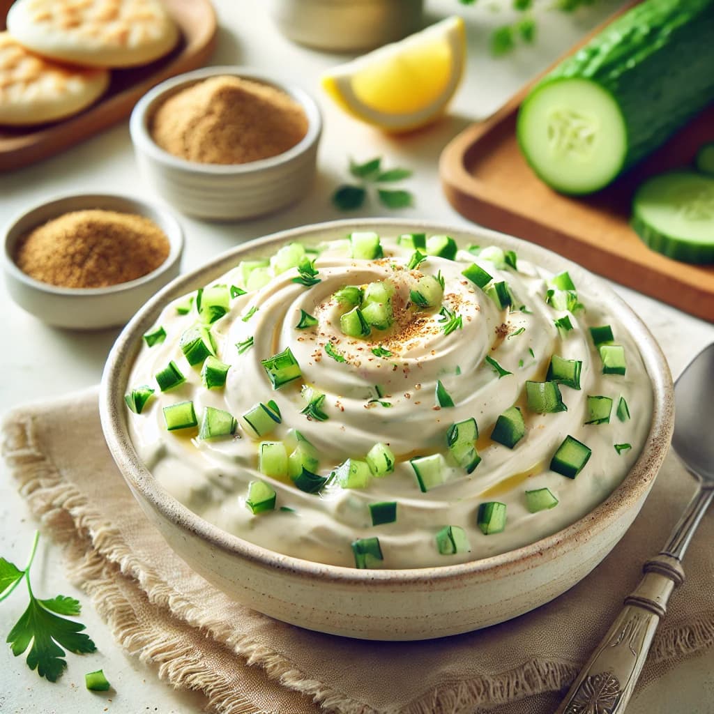 سلطة طحينة بالزبادي والخيار طبق خفيف ومنعش بجانب الأكلات الدسمة والمشويات