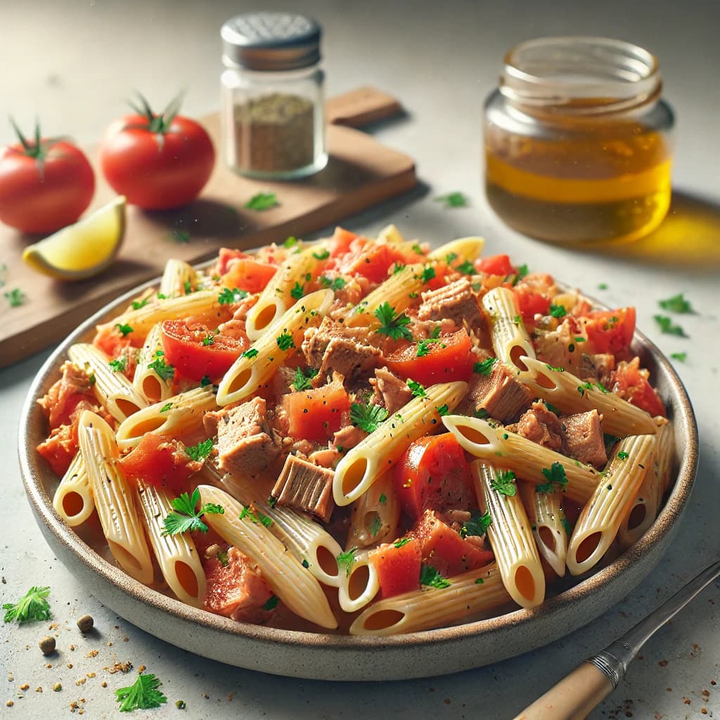 مكرونة بالتونة طبق منزلي شهي يجمع بين المكرونة والتونة مع صوص خفيف من الطماطم ولمسة ليمون وتوابل بسيطة