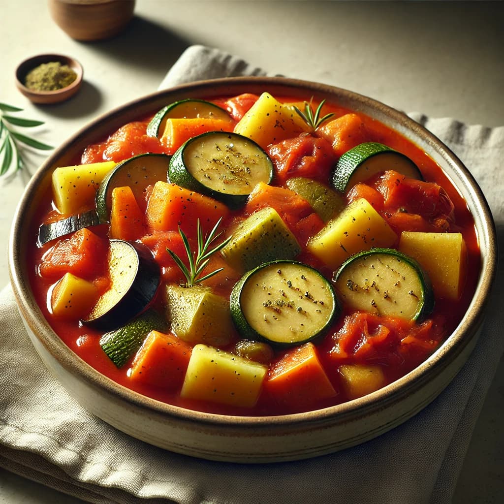 تورلي بالخضار مطهو في صلصة طماطم خفيفة مع تشكيلة خضروات طازجة ومقدم بشكل منزلي شهي