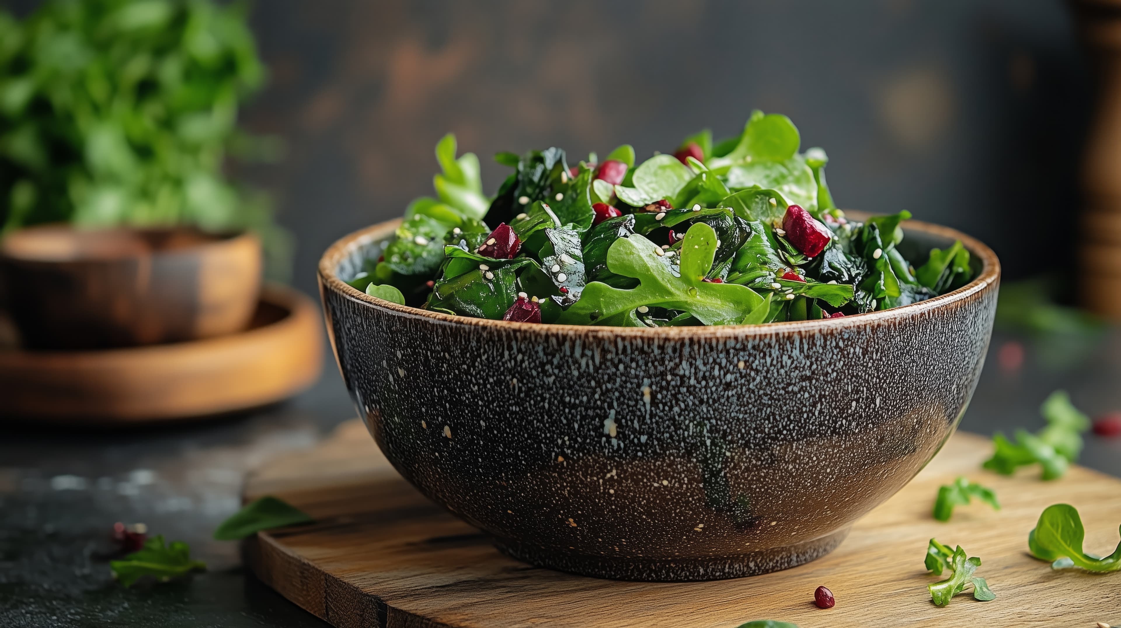 طبق سلطة الجرجير بالرمان مع شرائح الخيار وحبوب الرمان