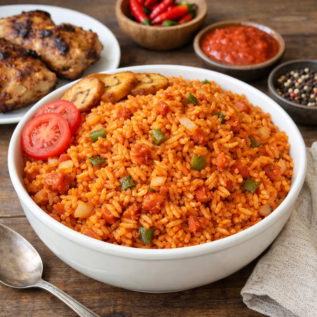 أرز جولوف أفريقي بالطماطم والتوابل بلون أحمر مميز ويُقدَّم ساخنًا