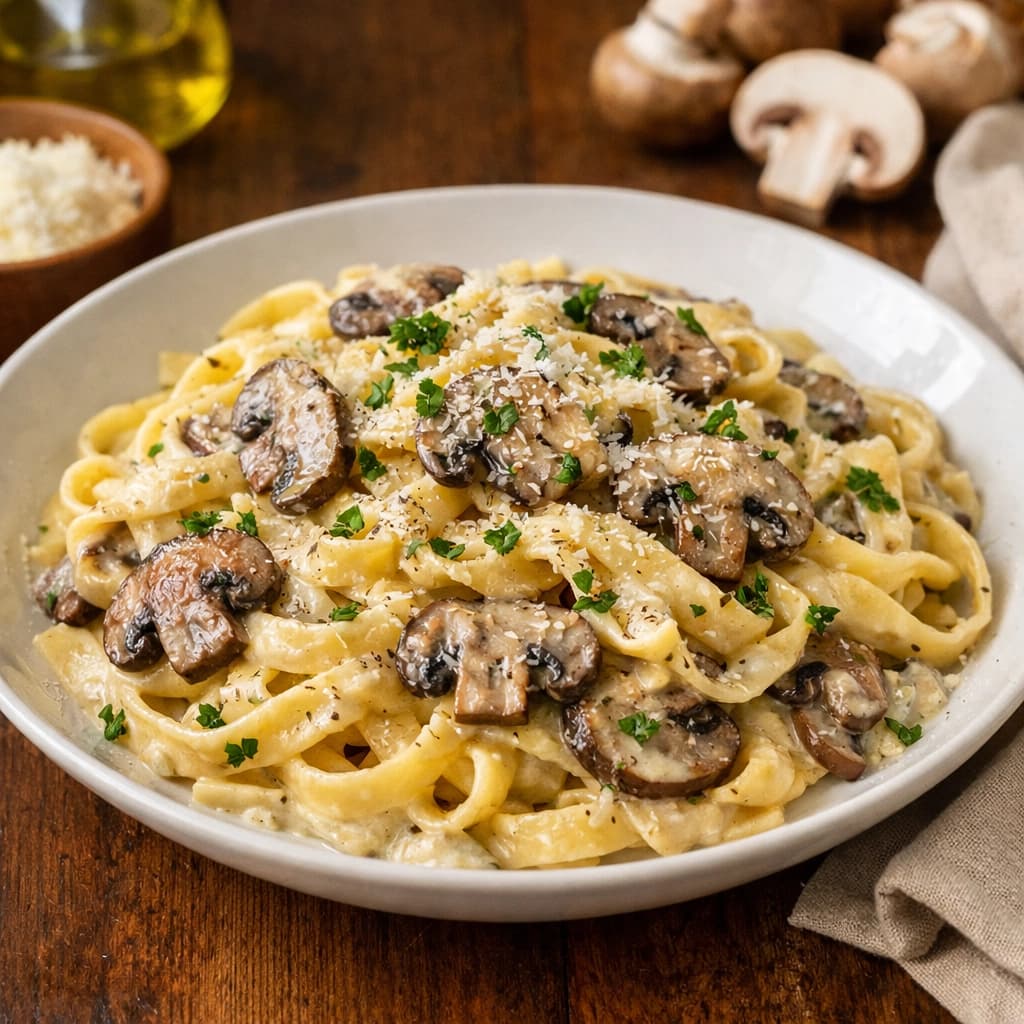باستا ألفريدو كريمية مع فطر طازج وصلصة غنية بالجبن تُقدَّم ساخنة على طريقة المطبخ الإيطالي