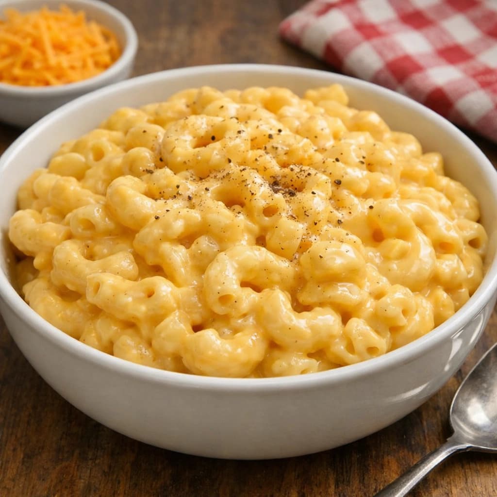 ماك آند تشيز أمريكي كريمي بمكرونة مغطاة بصوص جبن شيدر غني