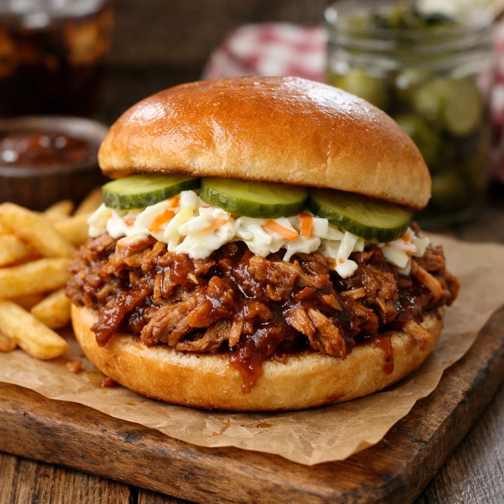 ساندويتش لحم بيف باربكيو أمريكي مطهو ببطء بصوص باربكيو غني ويُقدَّم في خبز طري