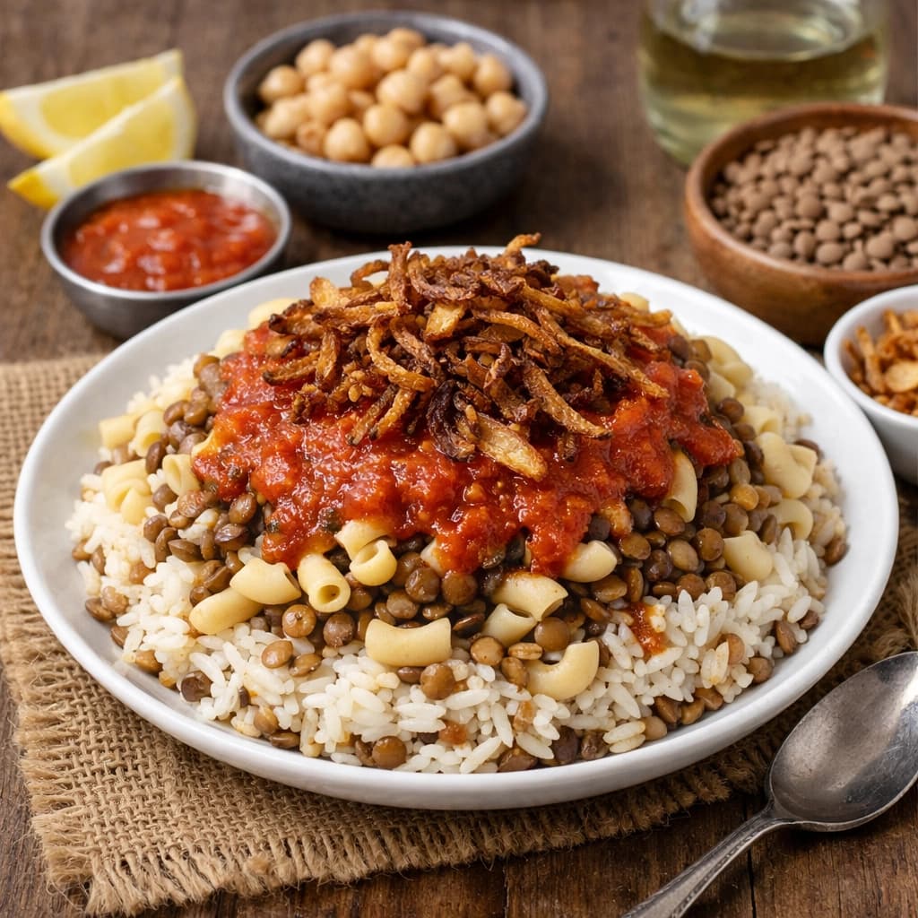 كشري مصري أصيل مزيج من العدس والأرز والمكرونة والبصل المقلي مع صلصة الطماطم