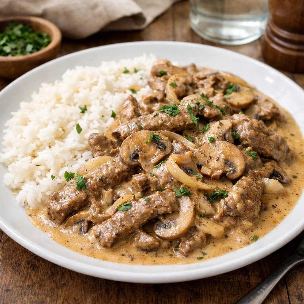 ستروغانوف لحم بقري بالصوص الكريمي مع مشروم وبصل يُقدَّم ساخنًا على طريقة المطبخ الروسي