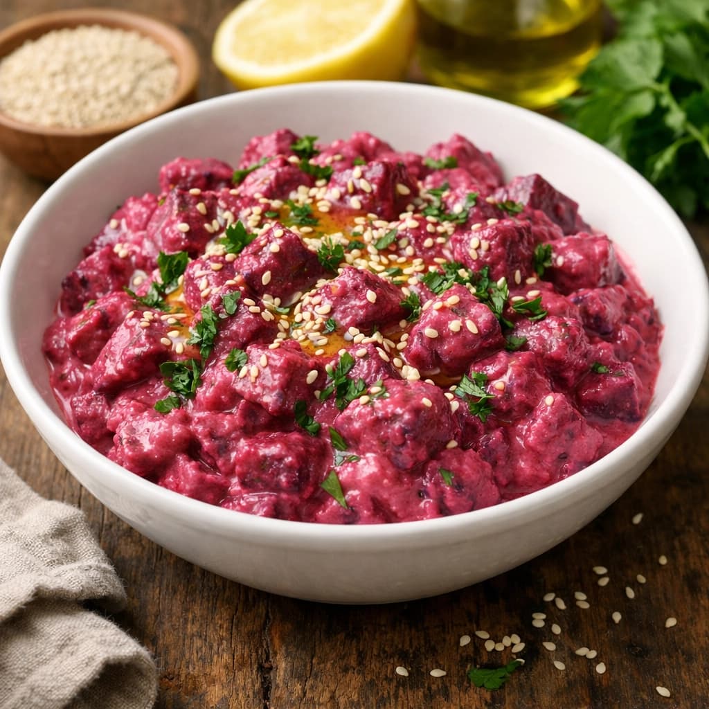 سلطة شمندر مسلوق بالطحينة والليمون بقوام كريمي ولون أرجواني جذاب وتُقدَّم باردة