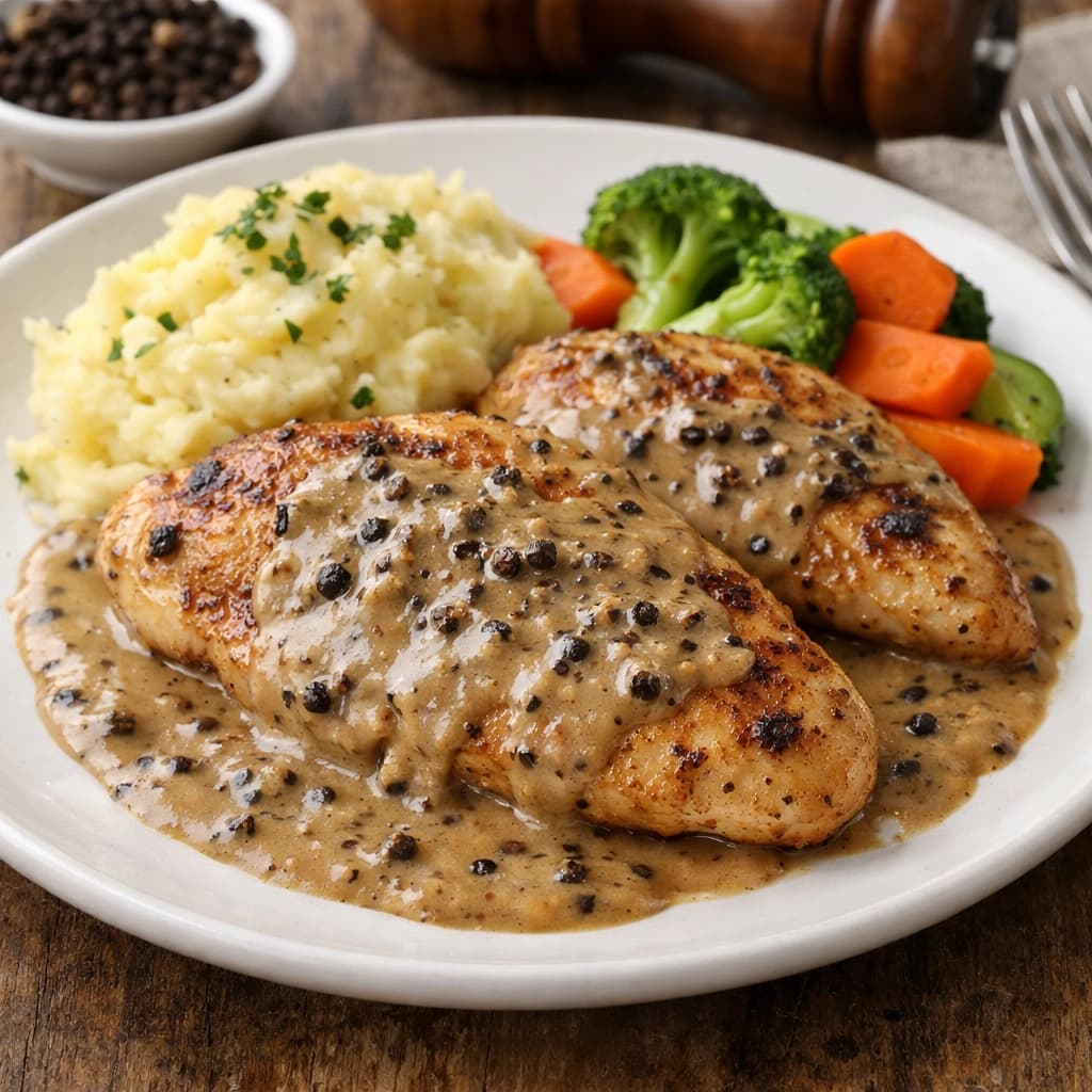 ستيك دجاج مشوي بصوص الفلفل الأسود الكريمي يُقدَّم مع صوص غني ولمسة مطبخ غربي شهي