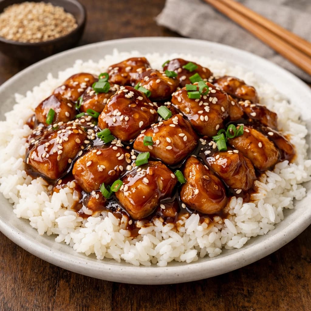 دجاج ترياكي ياباني منزلي بقطع دجاج طرية مغطاة بصوص ترياكي لامع ومقدّم مع أرز أبيض