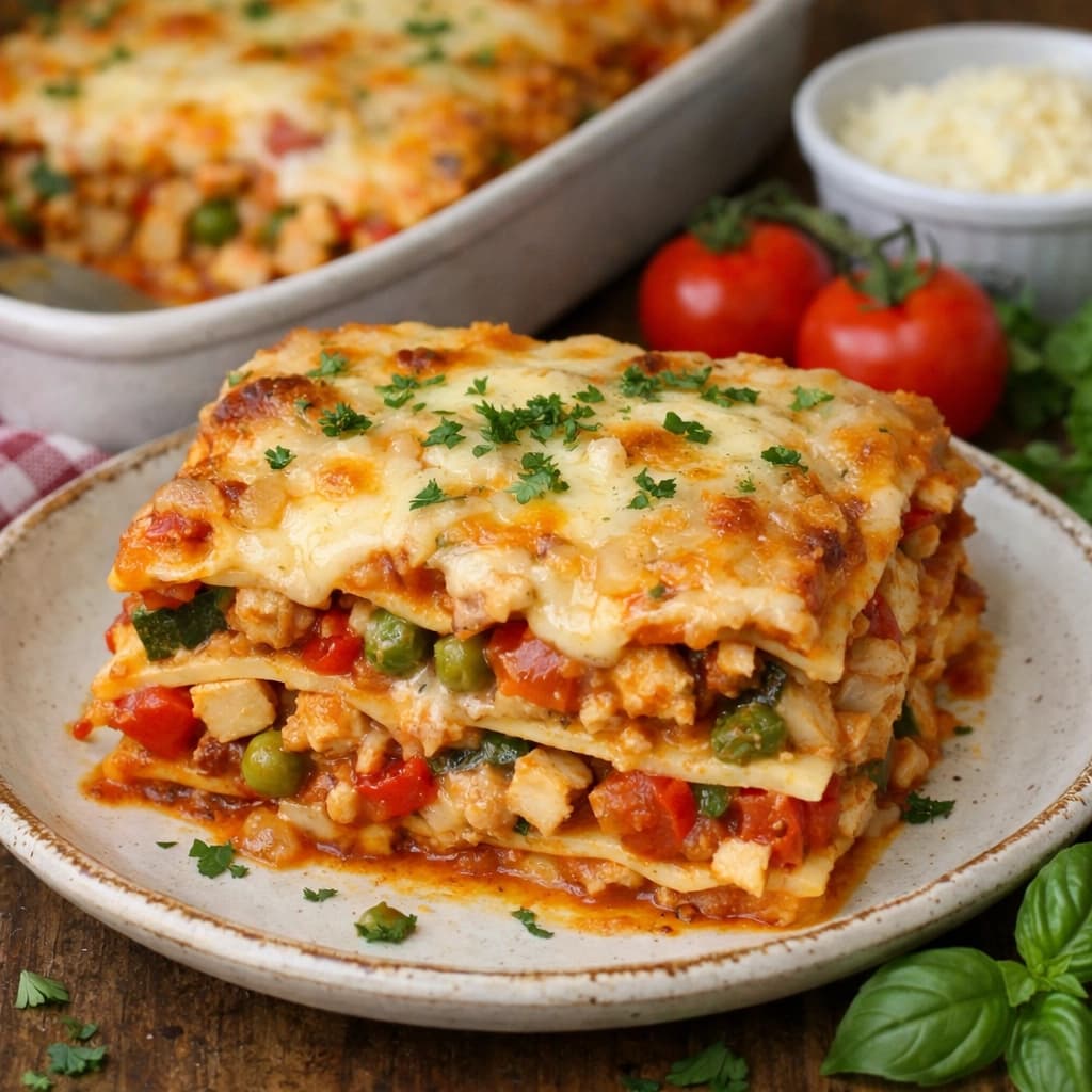 لازانيا إيطالية بالدجاج والخضار بطبقات غنية بالجبن والصلصة وتقدم ساخنة