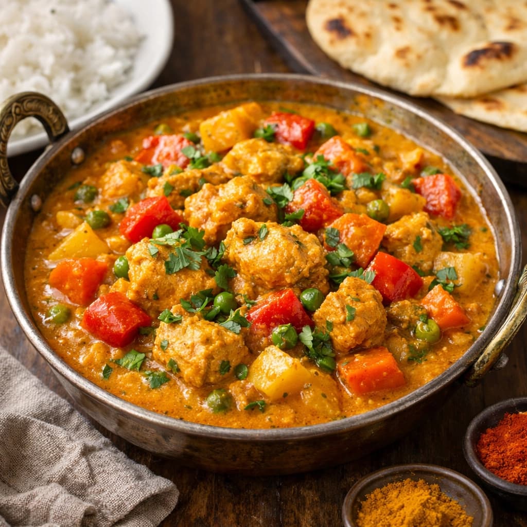طبق كاري الدجاج بالخضروات غني بالنكهات مع لمسة الزبدة والبهارات الهندية