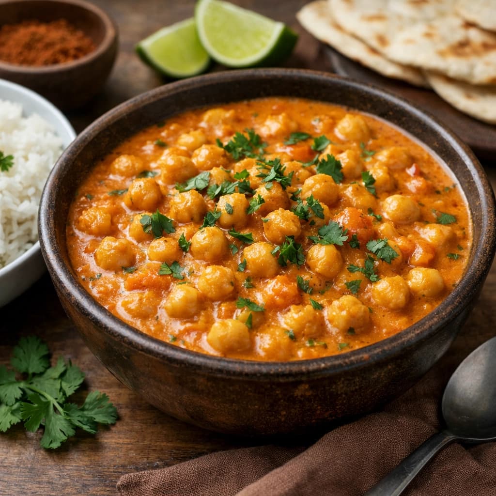 كاري حمص هندي مطهو بحليب جوز الهند مع بهارات دافئة ويُقدَّم ساخنًا مع أرز أبيض