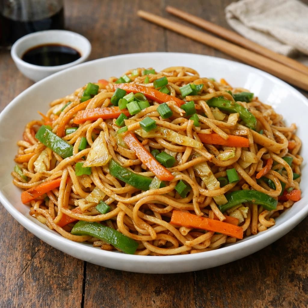 نودلز تشاو مين صينية بالخضار المقلية وصوص الصويا تُقدَّم ساخنة