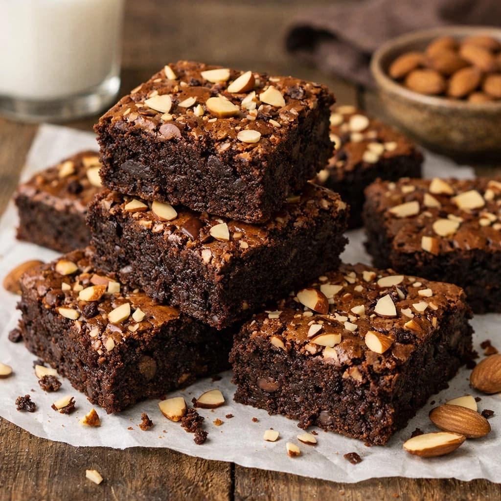 براوني بالشوكولاتة واللوز قطع كريمية وطرية مع طبقة مقرمشة من الأعلى
