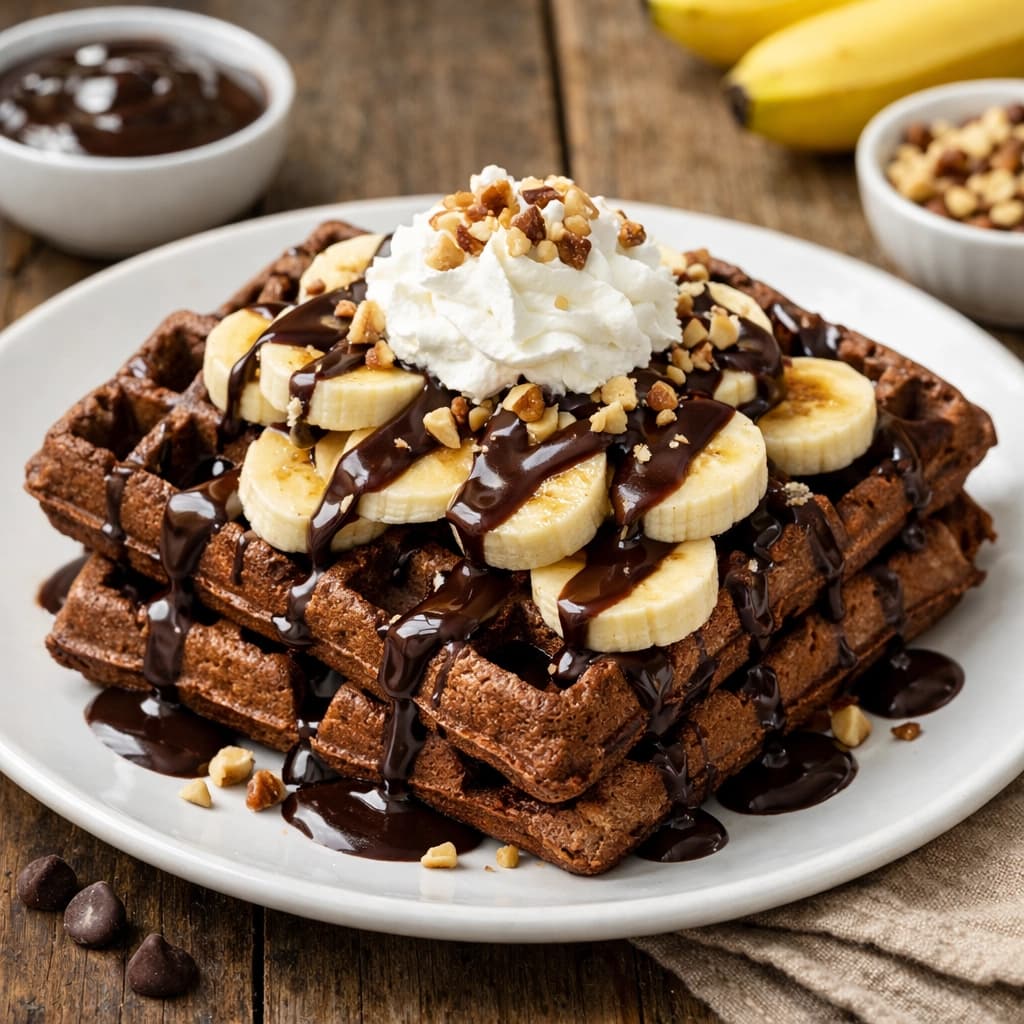وافل مقرمش بالشوكولاتة وموز طازج يقدم مع شراب الشوكولاتة أو الكراميل