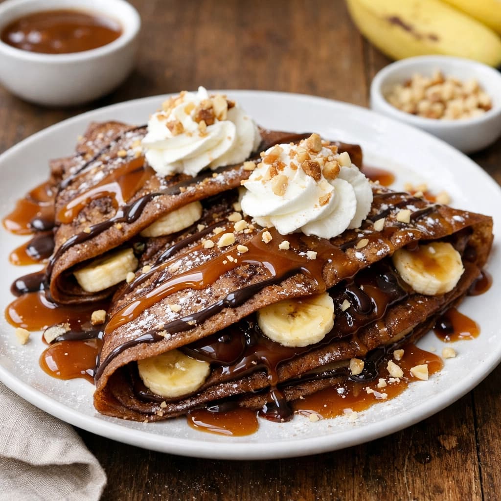 كريب الشوكولاتة والموز مع صوص الكراميل حلوى فرنسية فاخرة