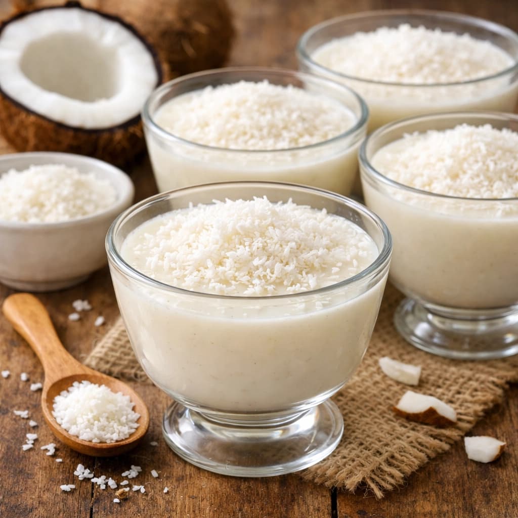 مهلبية جوز الهند بالحليب بقوام ناعم وتزيين بجوز الهند المبشور وتُقدَّم باردة في كاسات شفافة