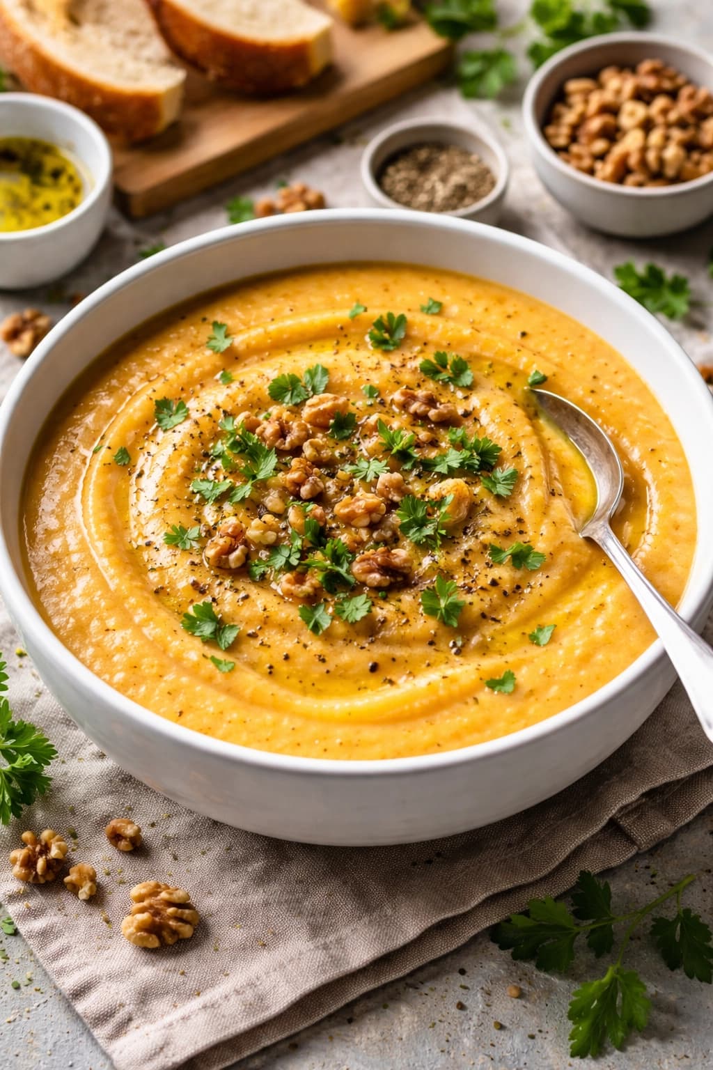 شوربة كريمة القرنبيط والجزر المشوي في وعاء أبيض كبير مع لمسة من البقدونس الطازج وزيت الزيتون