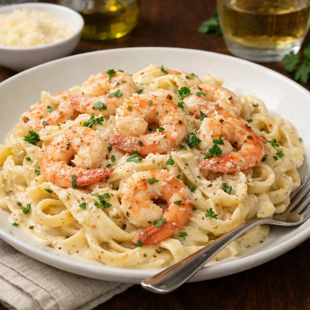 طبق مكرونة بالجمبري مع صوص كريمي أبيض كثيف ومزين بالأعشاب