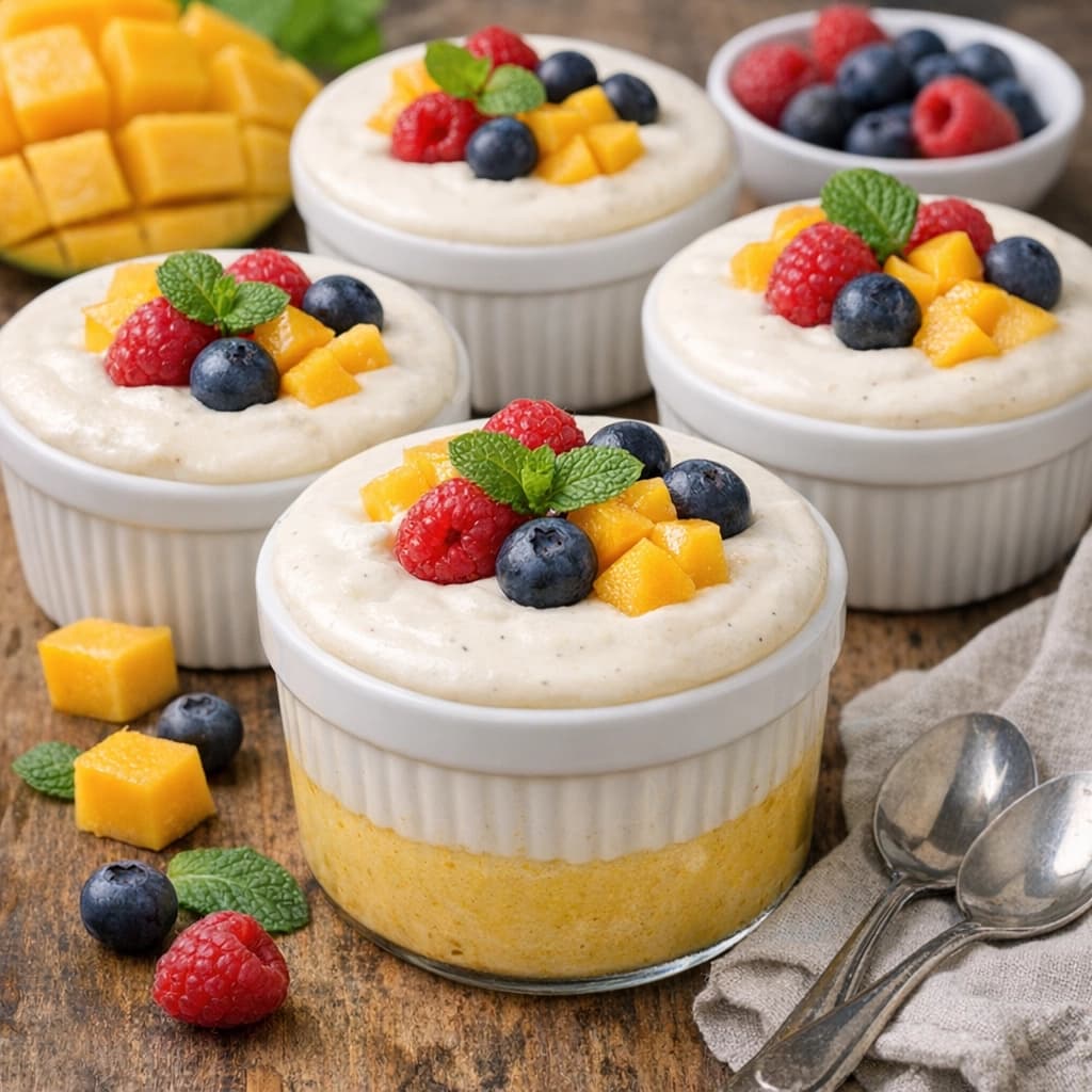 سوفليه المانجو الكريمي مع طبقة فانيليا وزينة فواكه