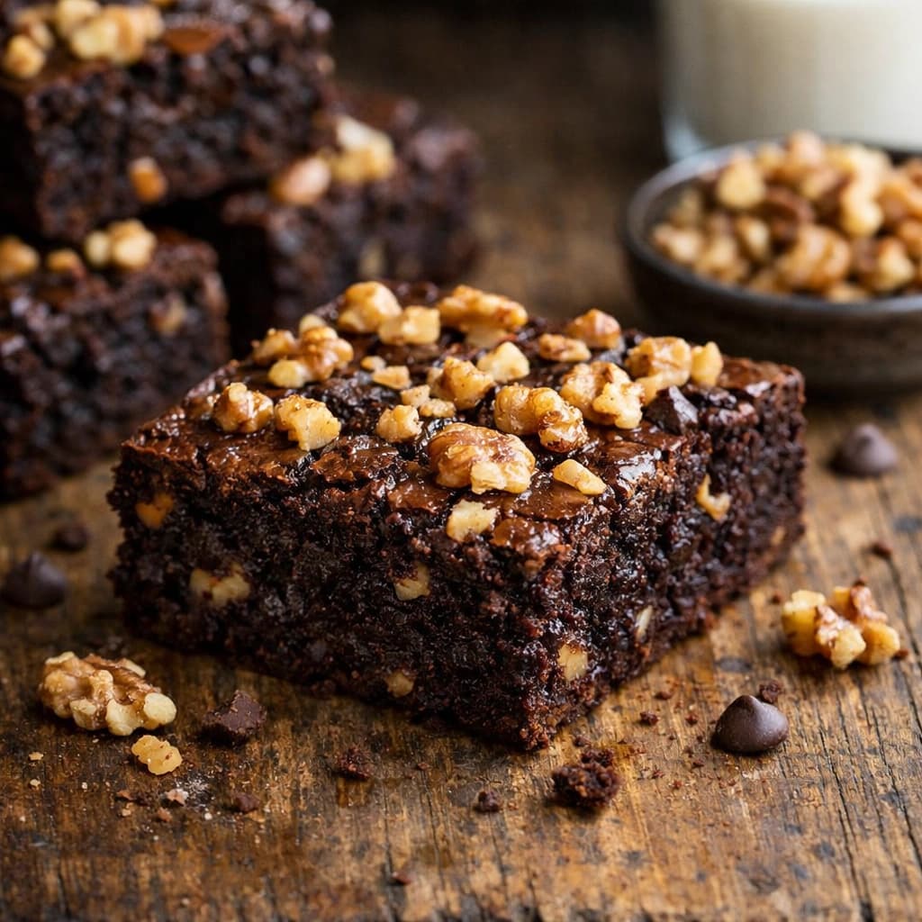 قطعة براوني بالشوكولاتة الداكنة مع جوز محمص على الوجه، مطهوة بعناية للحصول على قوام ناعم ورطب