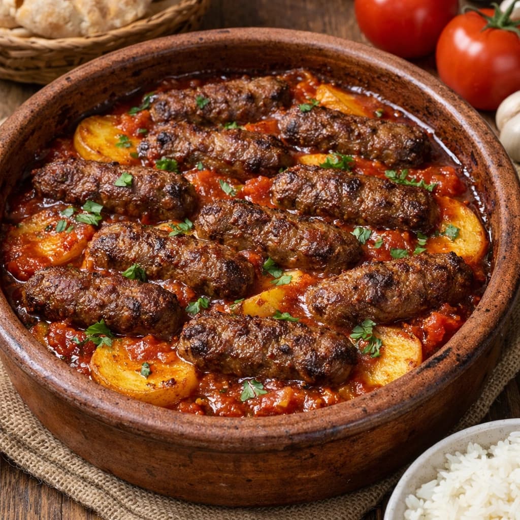 طاجن كفتة بالبطاطس مصري في الفرن بصلصة طماطم غنية ويُقدَّم ساخنًا