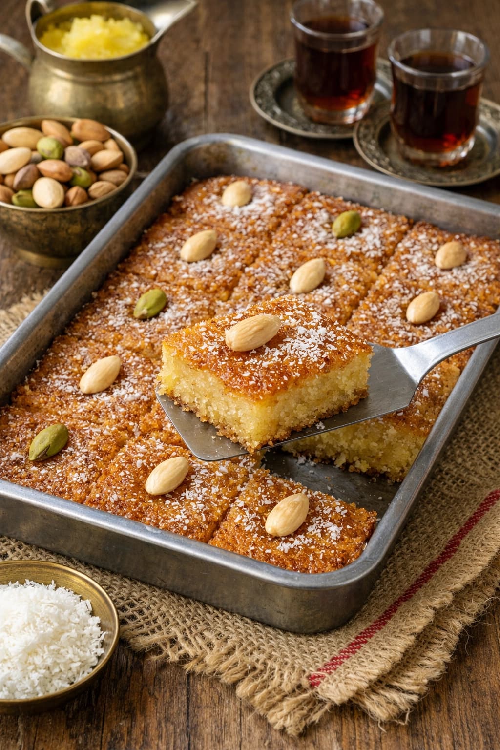 بسبوسة مصرية بالسمن البلدي مغطاة بالشربات وجوز الهند