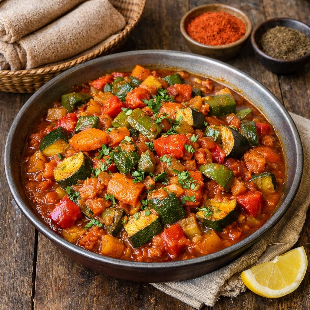 طبق زينيا الإريترية التقليدي مع الخضار والبهارات