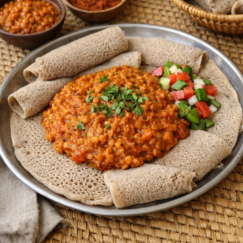 طبق إنجيرا الإثيوبي مع دال العدس الغني بالتوابل