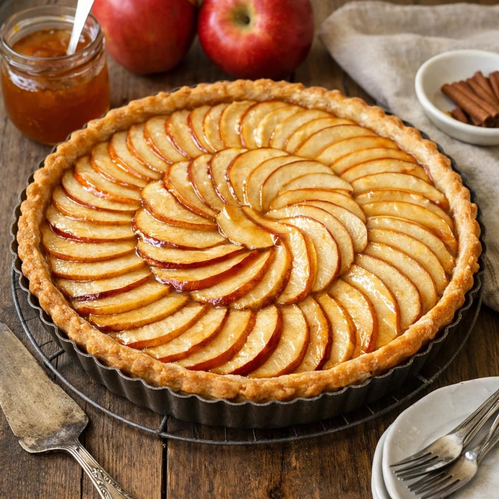 تارت تفاح فرنسي بطبقة عجينة هشة وشرائح تفاح مرتبة بشكل دائري ولامعة بالتلميع